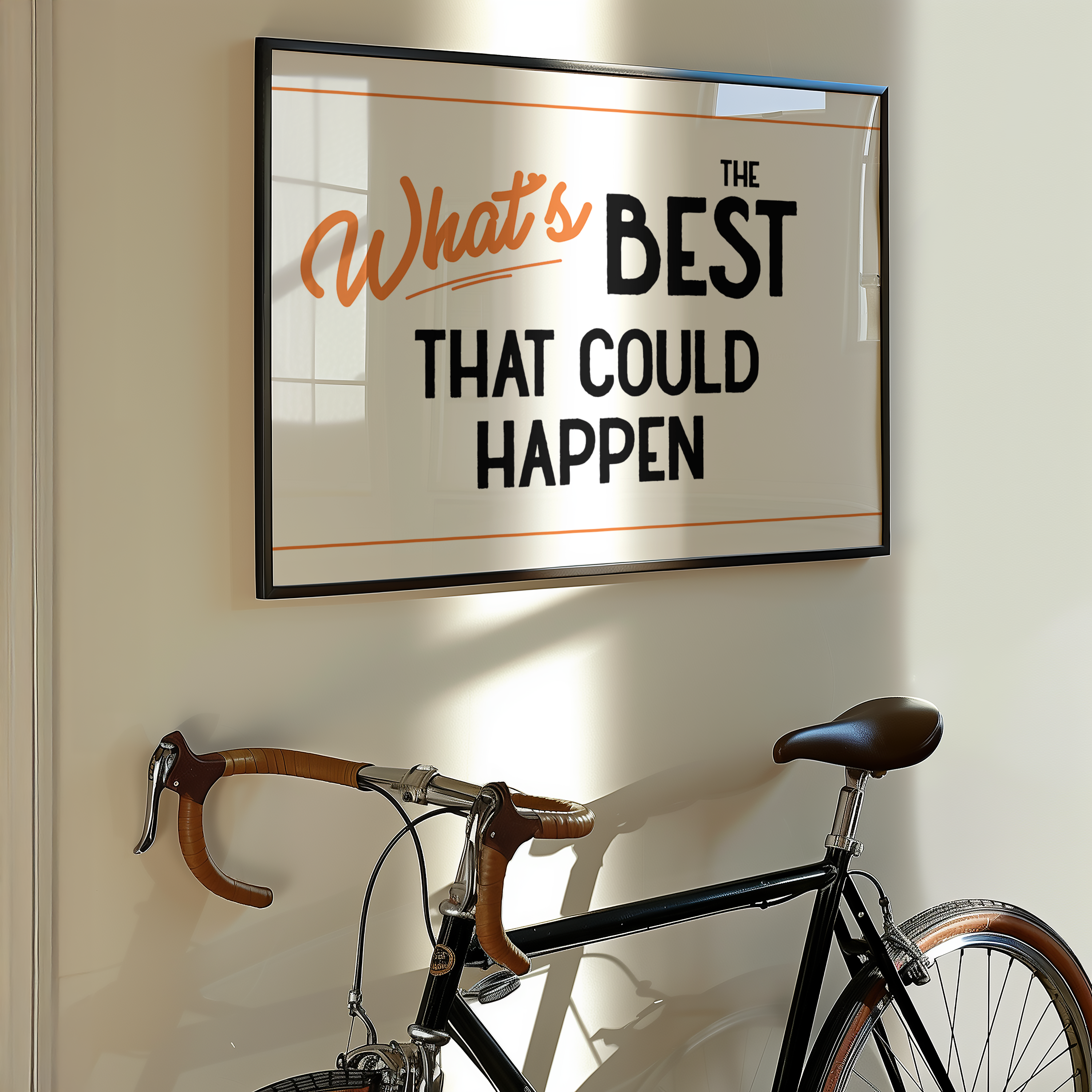 a bicycle leaning against a wall, with a framed motivational quote hanging above it.