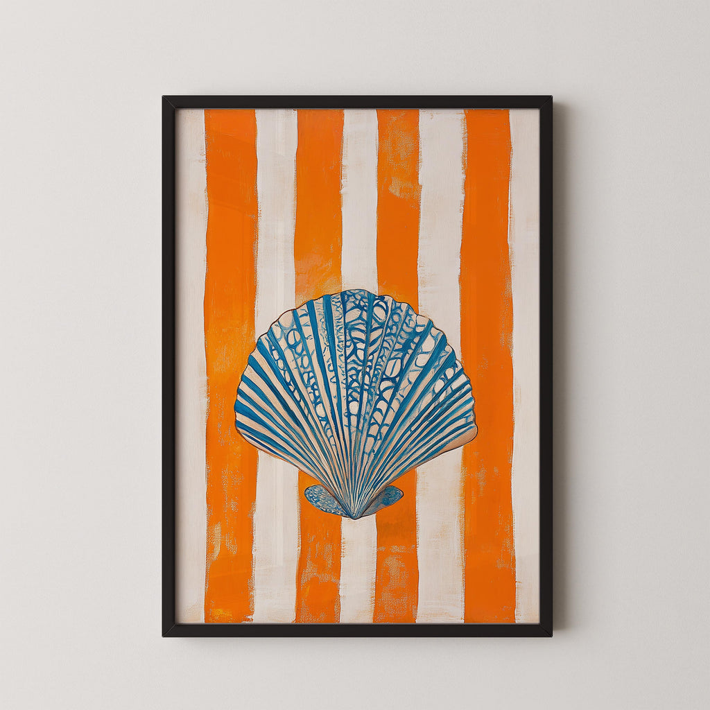 a framed artwork depicting a seashell against a background of orange and white stripes.