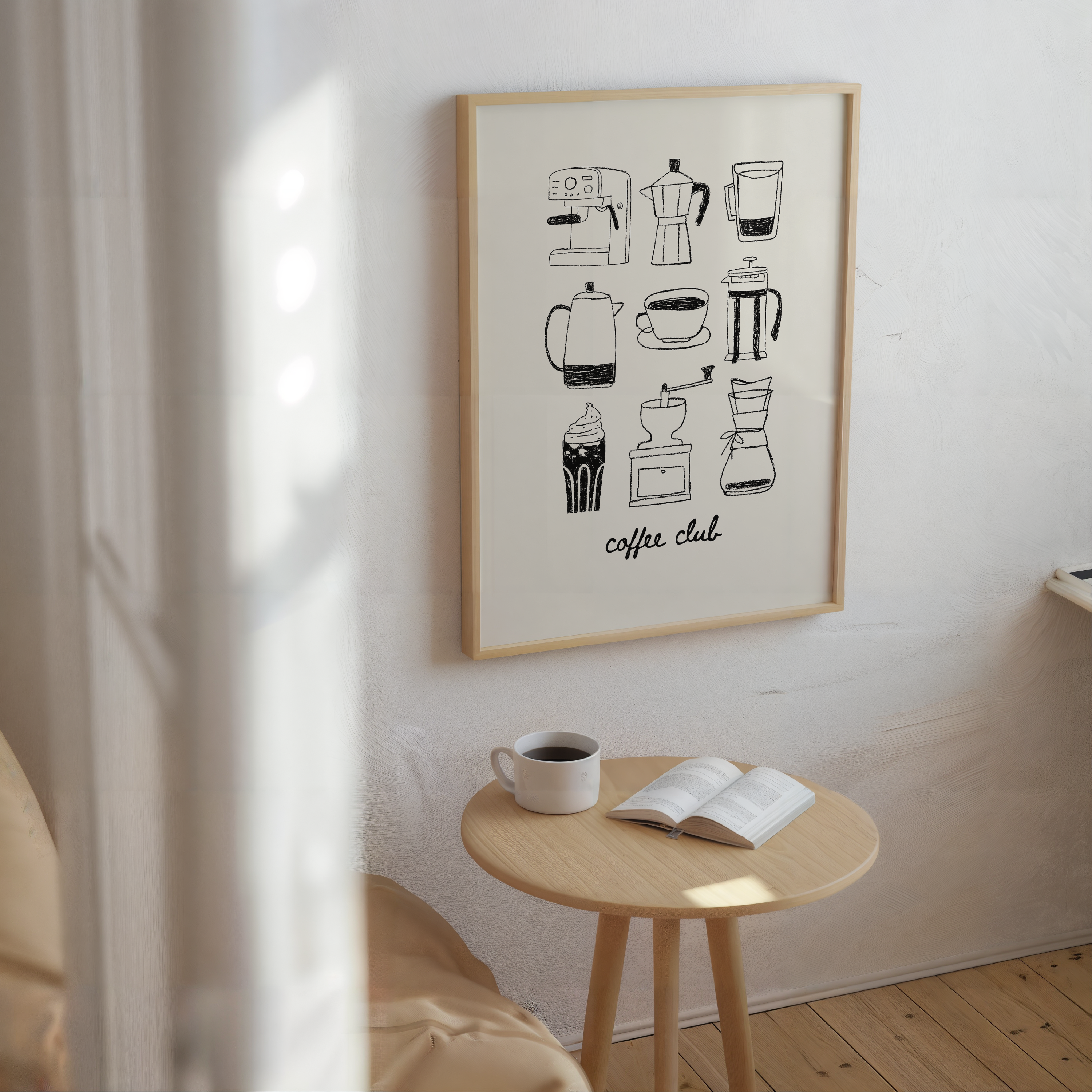 a cozy coffee club atmosphere, with a framed poster of coffee-related icons hanging on the wall, a small wooden table with a cup of coffee and an open book, and a beige couch in the background.