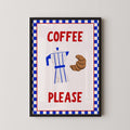 a framed poster with a blue and white checkered border, displaying a coffee maker and a croissant. The poster has the text "COFFEE PLEASE" written in red letters.