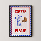 a framed poster with a blue and white checkered border, displaying a coffee maker and a croissant. The poster has the text "COFFEE PLEASE" written in red letters.