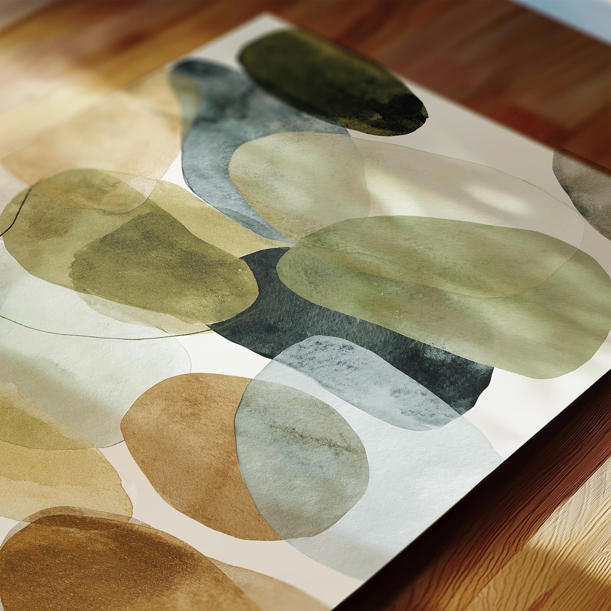 The image is an abstract art piece featuring a variety of shapes and colors, including shades of green, brown, and gray.