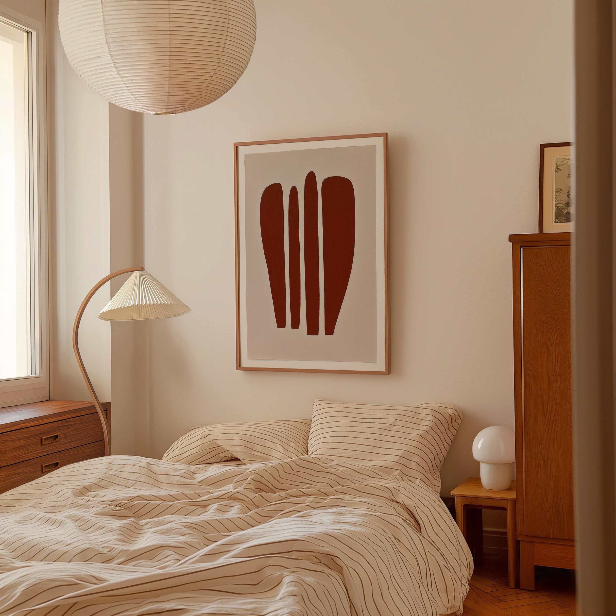a cozy bedroom with a large bed, a wooden dresser, and a lamp. The room has a minimalist and modern design, with a large abstract painting hanging on the wall above the bed.
