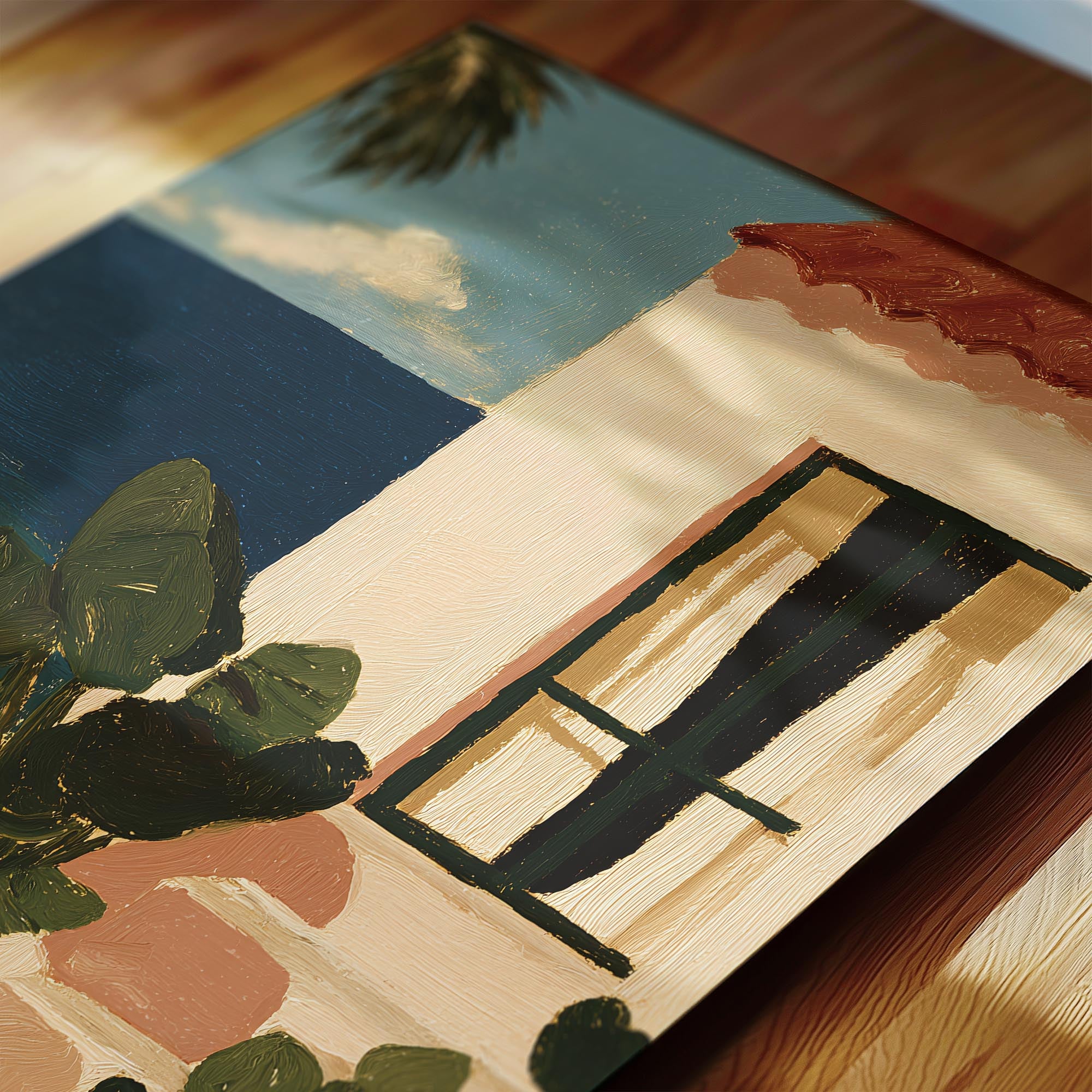 The image is a painting depicting a tropical scene with palm trees, a blue sky, and a building with a red roof.
