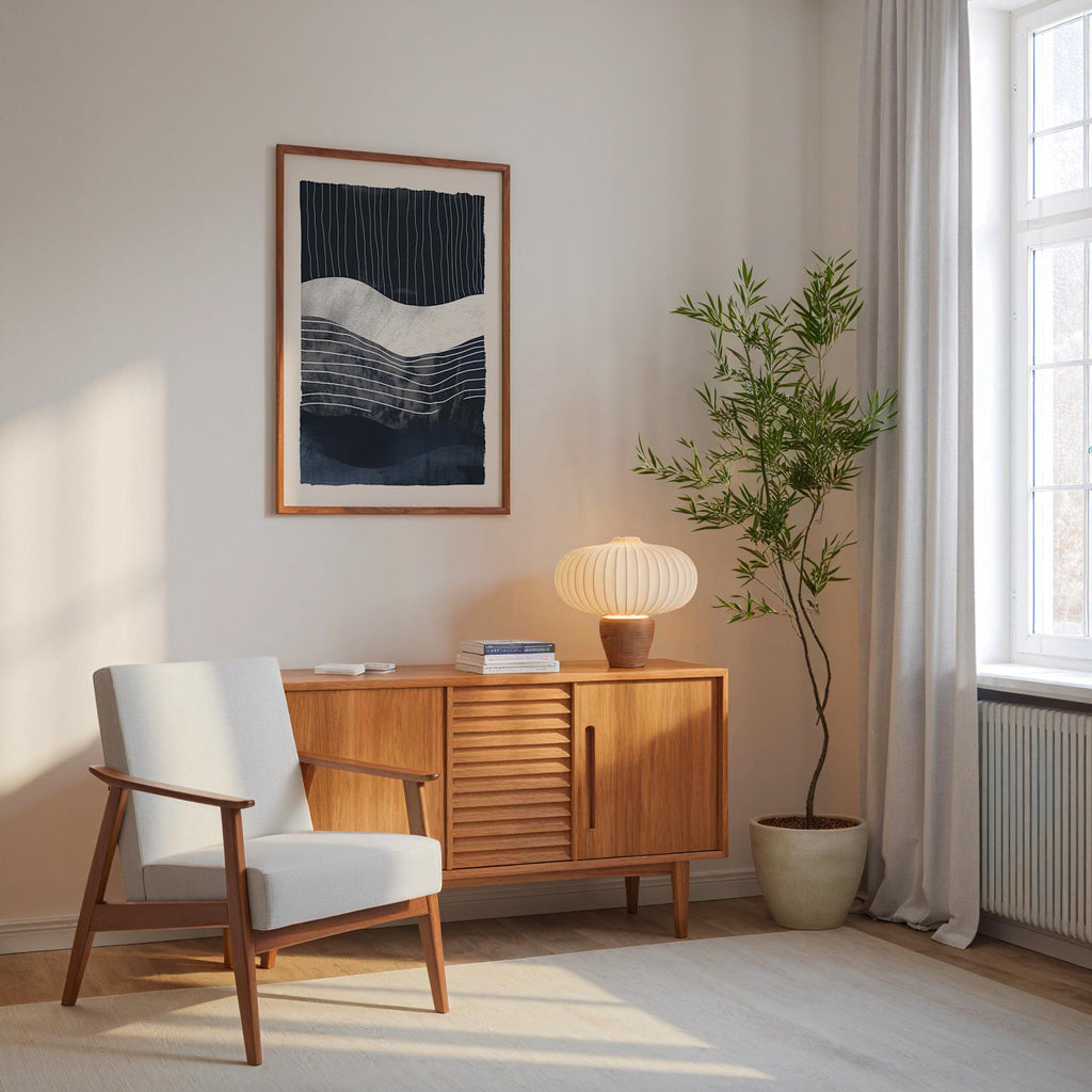 a cozy corner of a room with a white armchair, a wooden sideboard, a framed abstract artwork, and a potted plant.