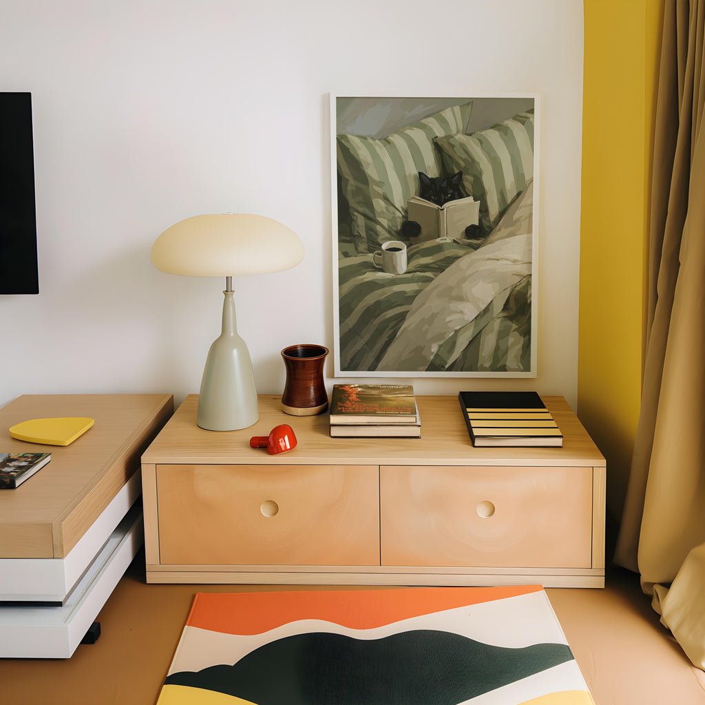 a cozy corner of a room with a wooden dresser, a lamp, a framed painting of a cat, and a stack of books.