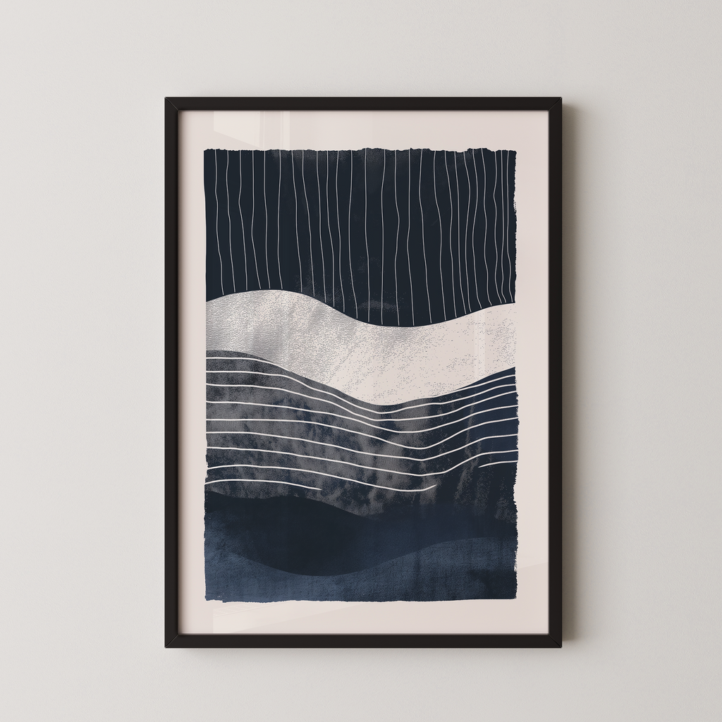 The image is a framed abstract art print featuring a dark blue and white color scheme with horizontal lines and curves.