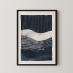 The image is a framed abstract art print featuring a dark blue and white color scheme with horizontal lines and curves.