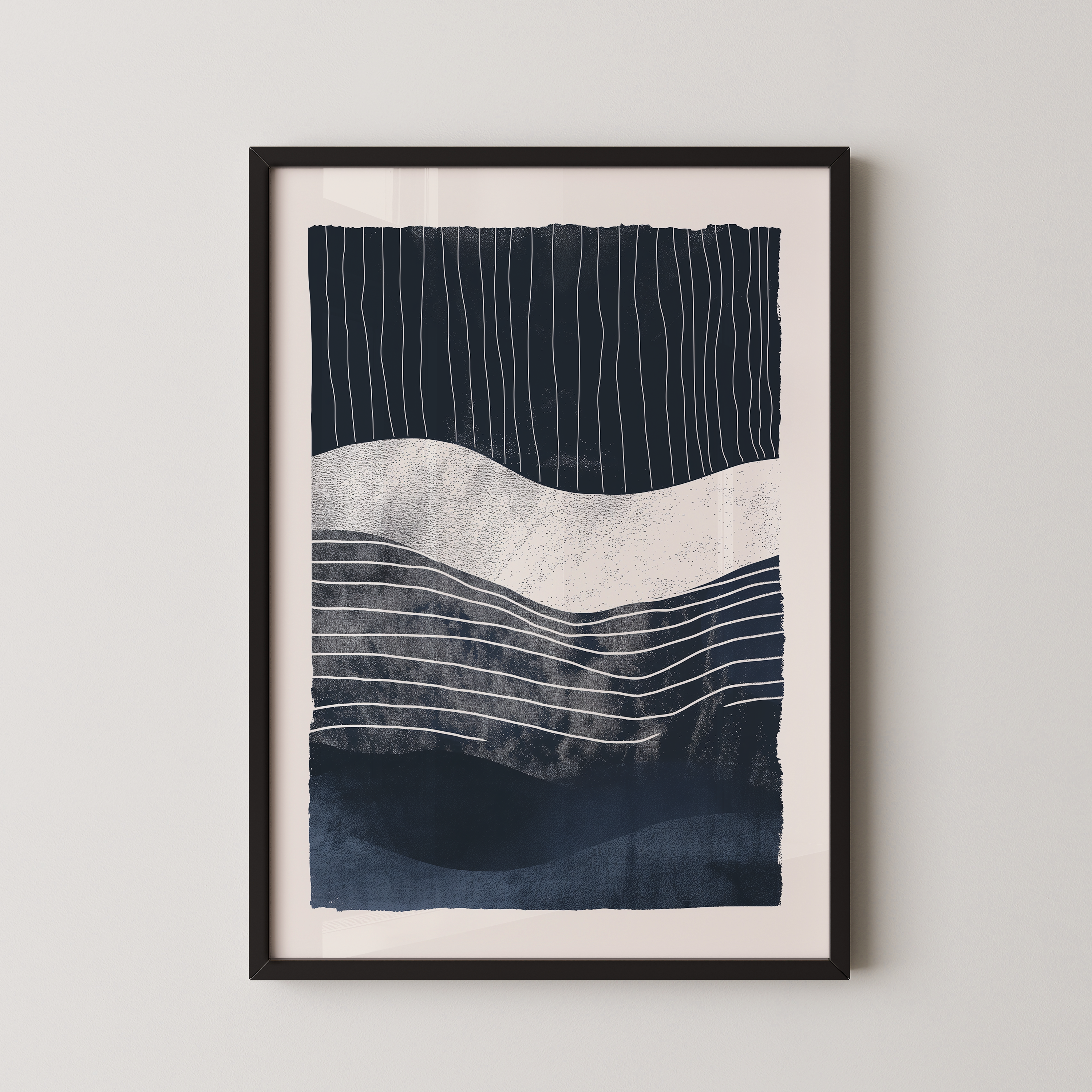 The image is a framed abstract art print featuring a dark blue and white color scheme with horizontal lines and curves.