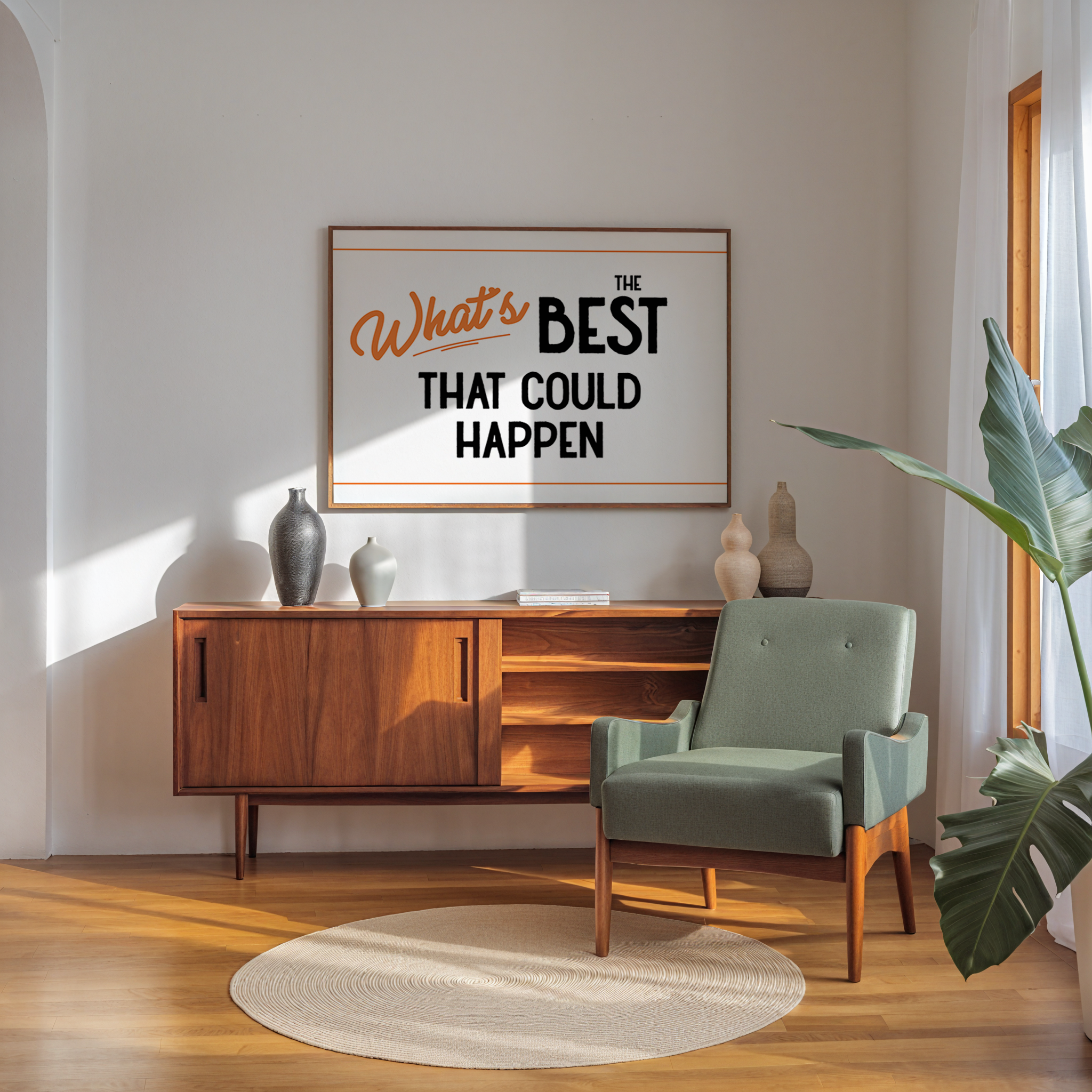 a living room with a wooden cabinet, a green armchair, and a framed quote on the wall that reads "What's best that could happen".