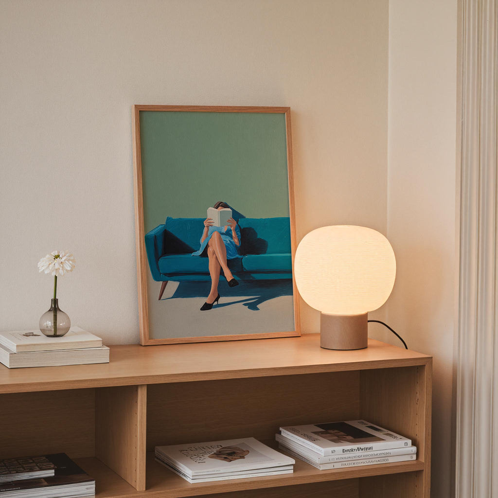 a wooden bookshelf with a framed painting of a woman reading a book, a lamp, and a vase with a single white flower.