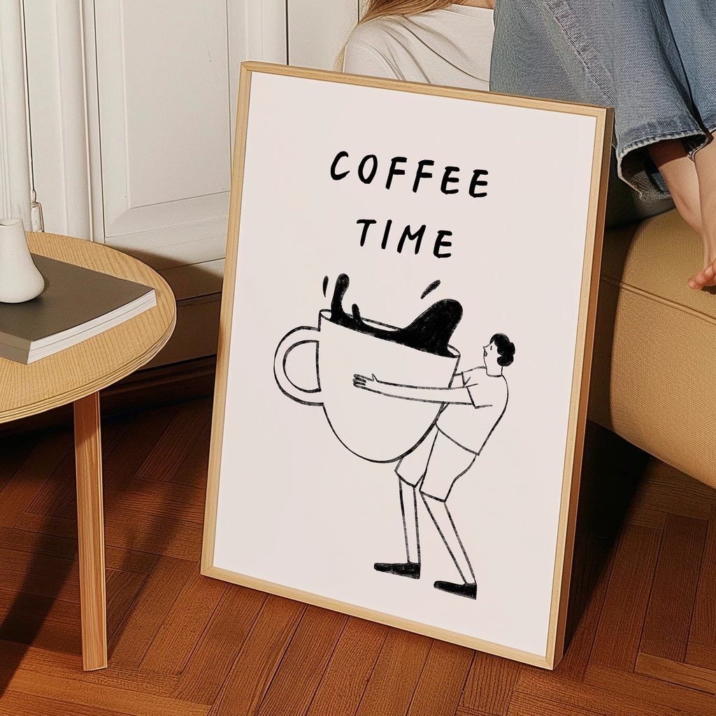 a framed poster with a black and white illustration of a person holding a large coffee cup, accompanied by the text "COFFEE TIME".