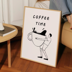 a framed poster with a black and white illustration of a person holding a large coffee cup, accompanied by the text "COFFEE TIME".