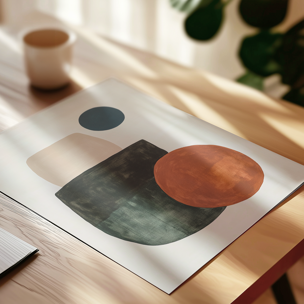 abstract art on a white surface, with a cup of coffee and a plant in the background.