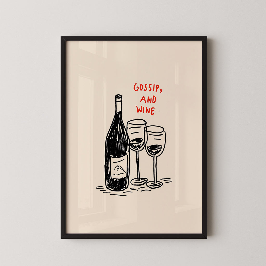 a framed illustration of a wine bottle and two wine glasses, accompanied by the text "Gossip, and wine" in red.