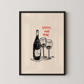 a framed illustration of a wine bottle and two wine glasses, accompanied by the text "Gossip, and wine" in red.