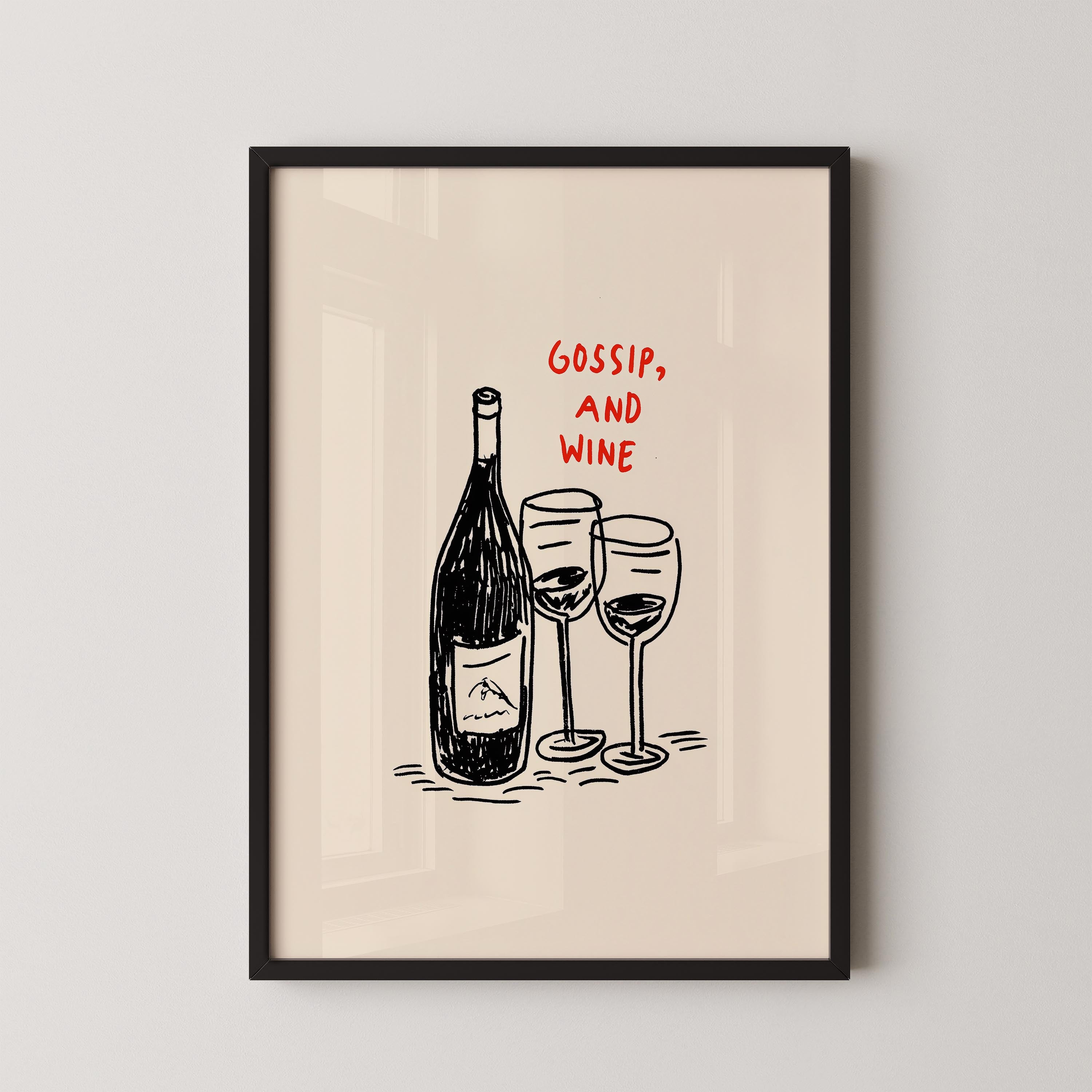 a framed illustration of a wine bottle and two wine glasses, accompanied by the text "Gossip, and wine" in red.