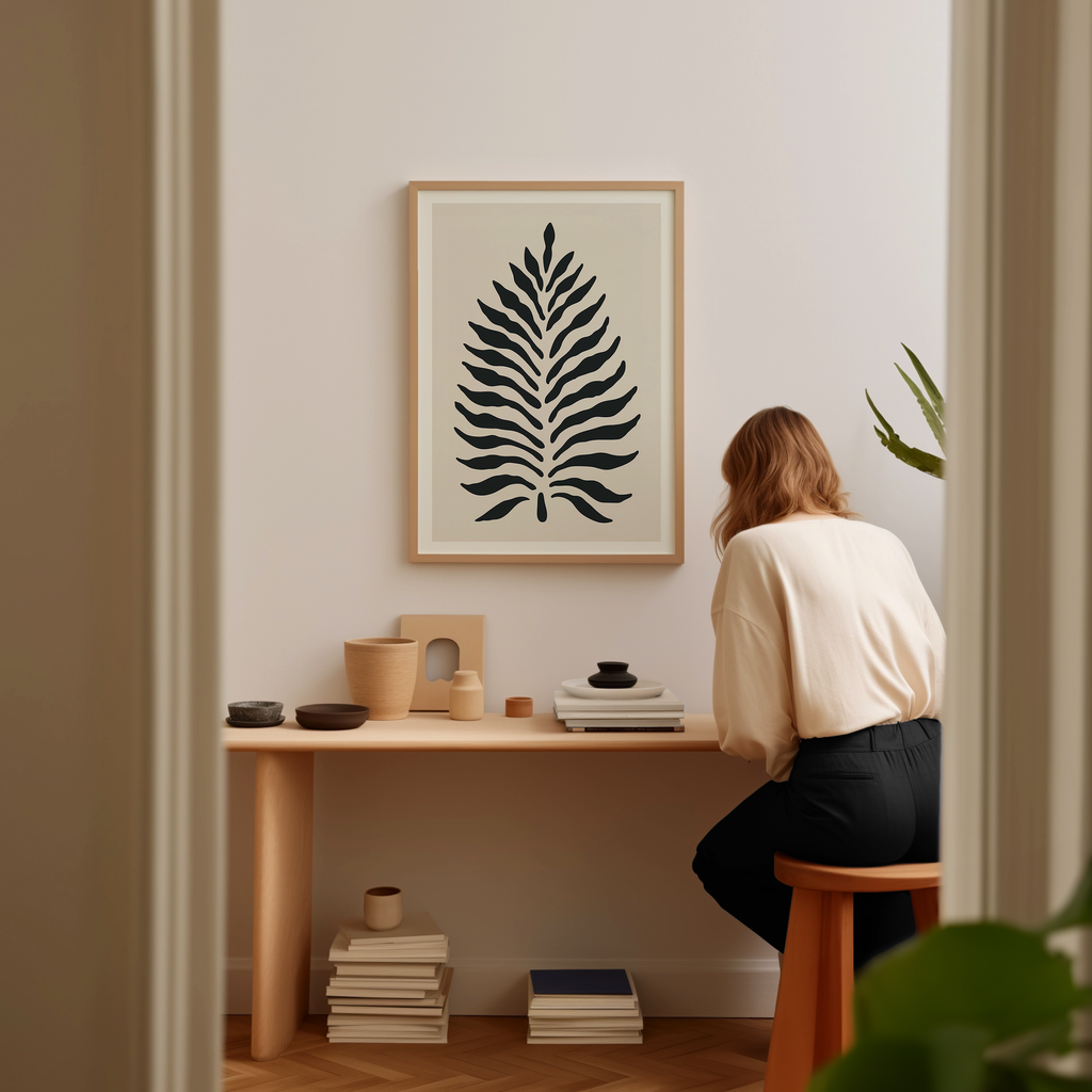 A woman is sitting at a wooden desk, surrounded by various objects, including a framed leaf-like artwork, a stack of books, and a plant.