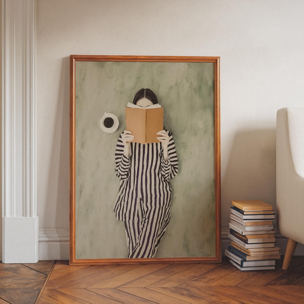 A framed painting of a person in a striped outfit holding a book, standing in front of a green wall.