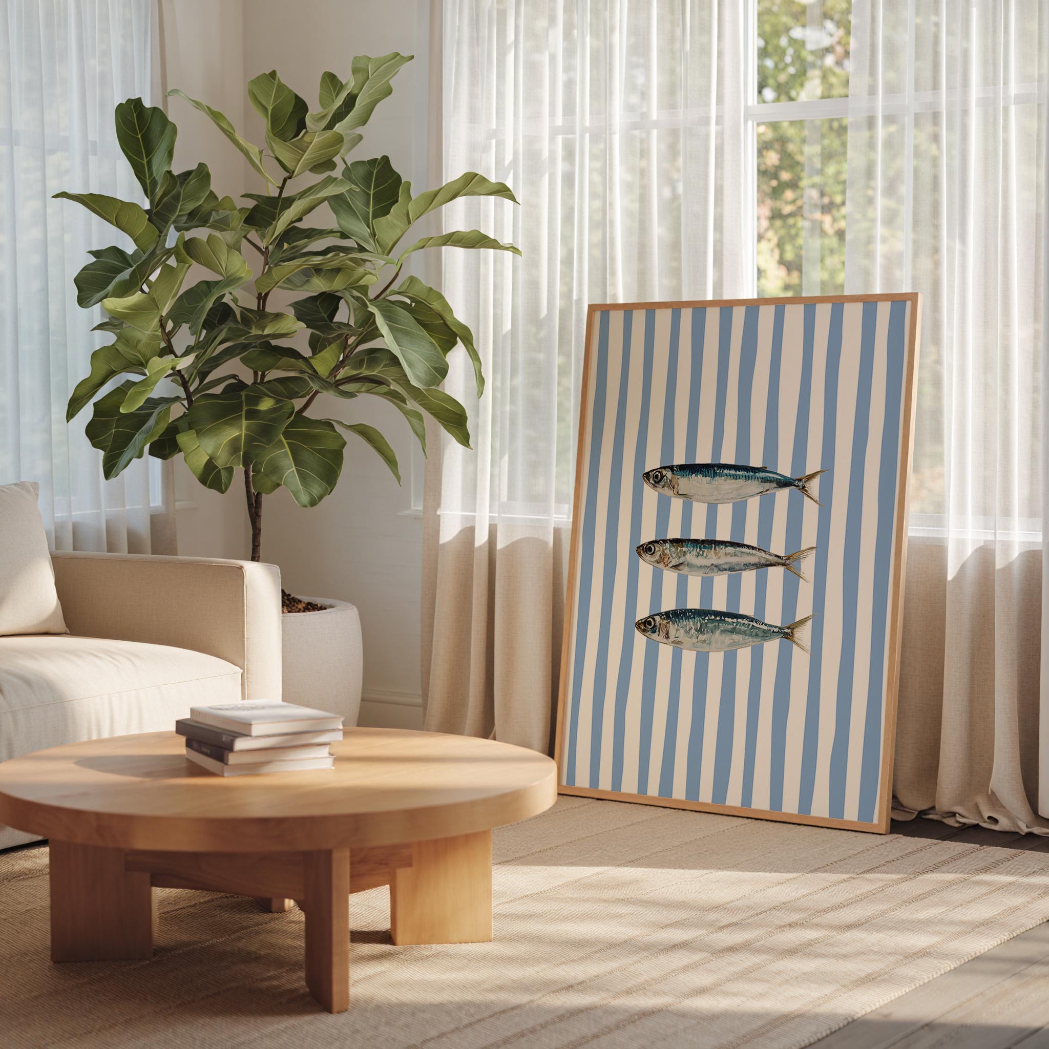 a cozy living room with a large potted plant, a wooden coffee table, and a framed artwork featuring three fish on a blue and white striped background.