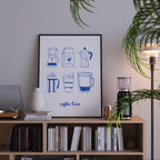 a bookshelf with a framed poster of coffee-making illustrations on it, along with various coffee-related items such as a coffee maker, a coffee bag, and a coffee cup. The poster also includes the text "coffee time".
