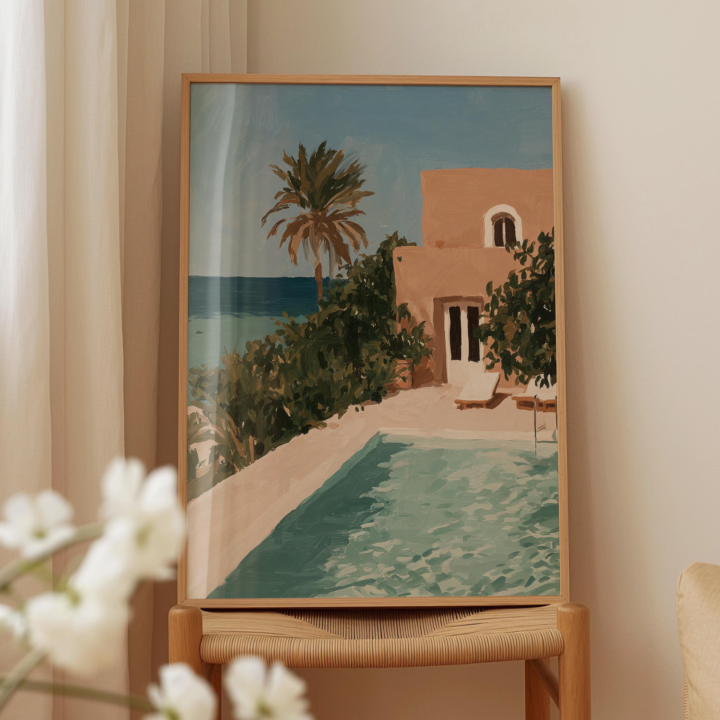 a painting of a house with a pool and palm trees, displayed on a wooden frame.