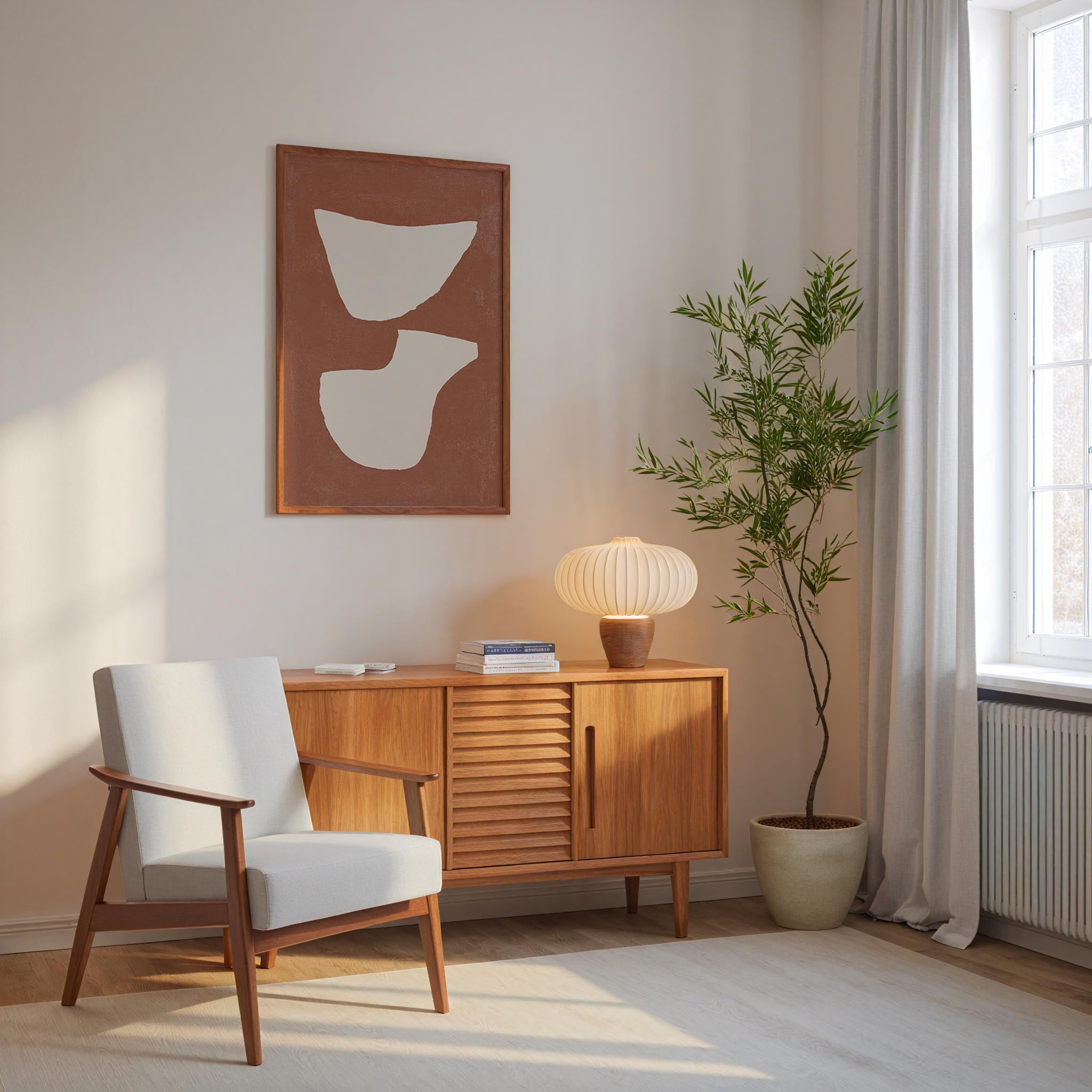 a cozy corner of a room with a white armchair, a wooden sideboard, a lamp, and a potted plant. The room has a minimalist and modern design, with a large window allowing natural light to fill the space.