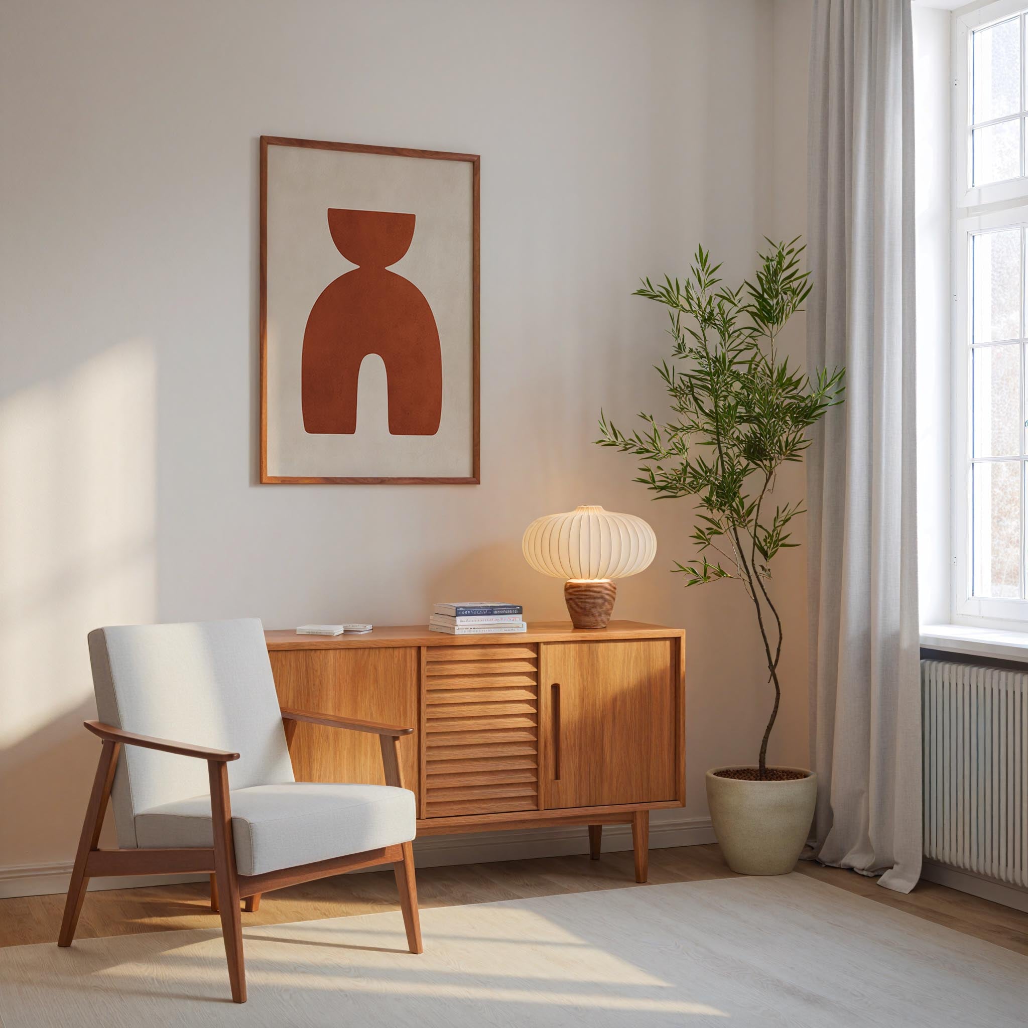a cozy corner of a room with a white armchair, a wooden sideboard, a lamp, and a potted plant. The room has a minimalist and modern design, with a large window allowing natural light to fill the space.