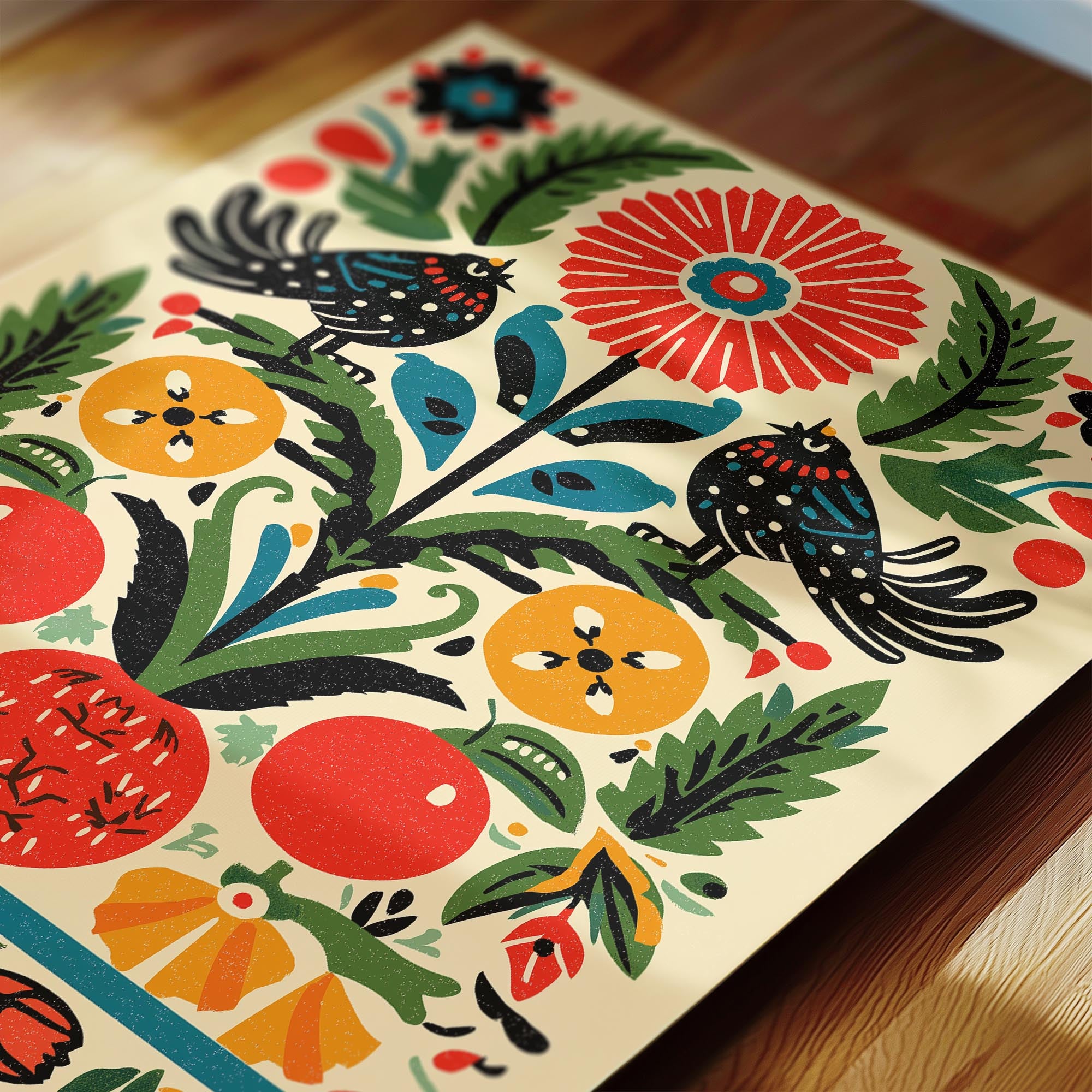 The image is a vibrant and colorful illustration featuring a variety of flowers, leaves, and fruits in a variety of bright colors, including red, orange, yellow, green, and blue.