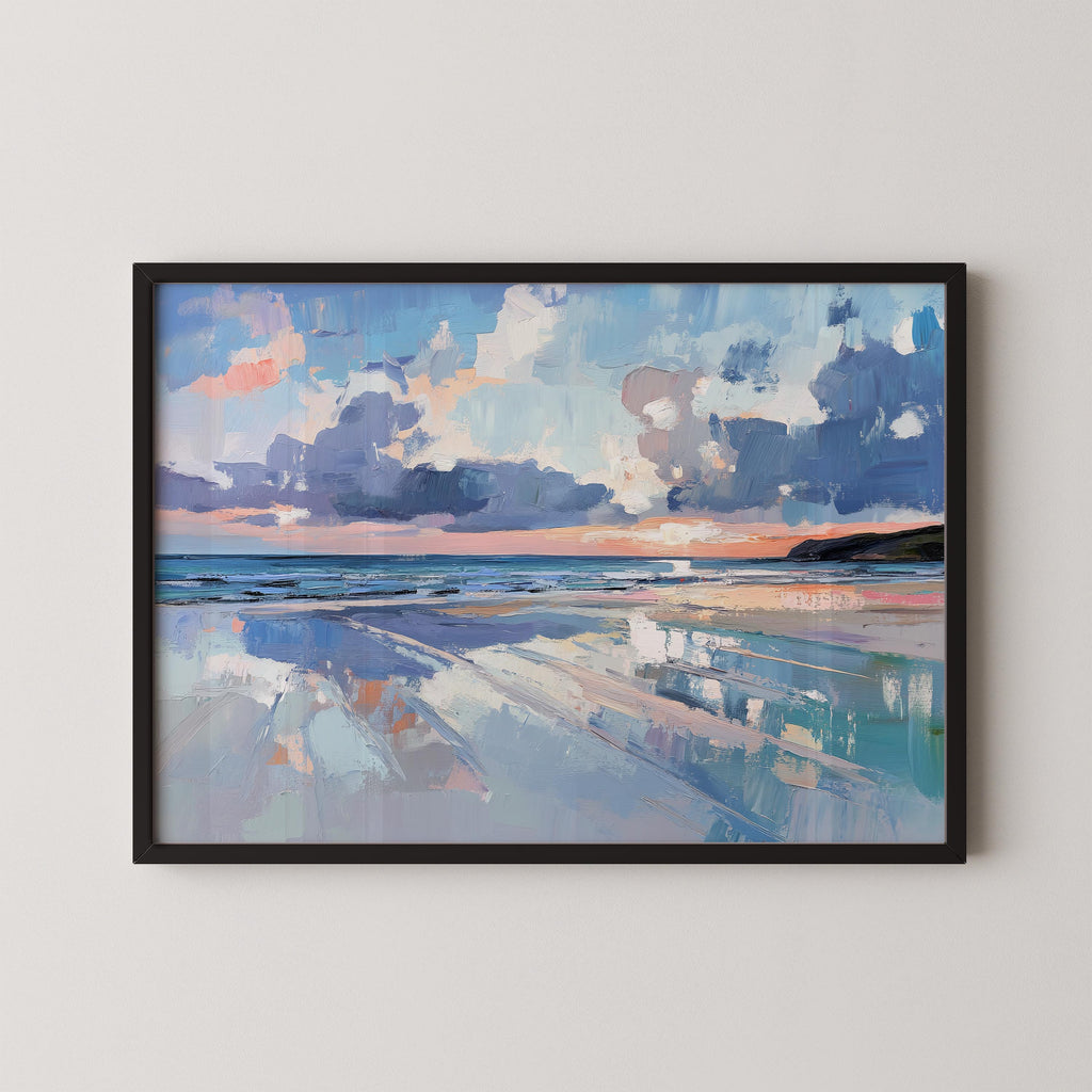 The image is a framed painting depicting a serene beach scene with a calm ocean and a cloudy sky.