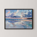 The image is a framed painting depicting a serene beach scene with a calm ocean and a cloudy sky.