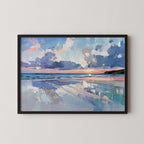 The image is a framed painting depicting a serene beach scene with a calm ocean and a cloudy sky.