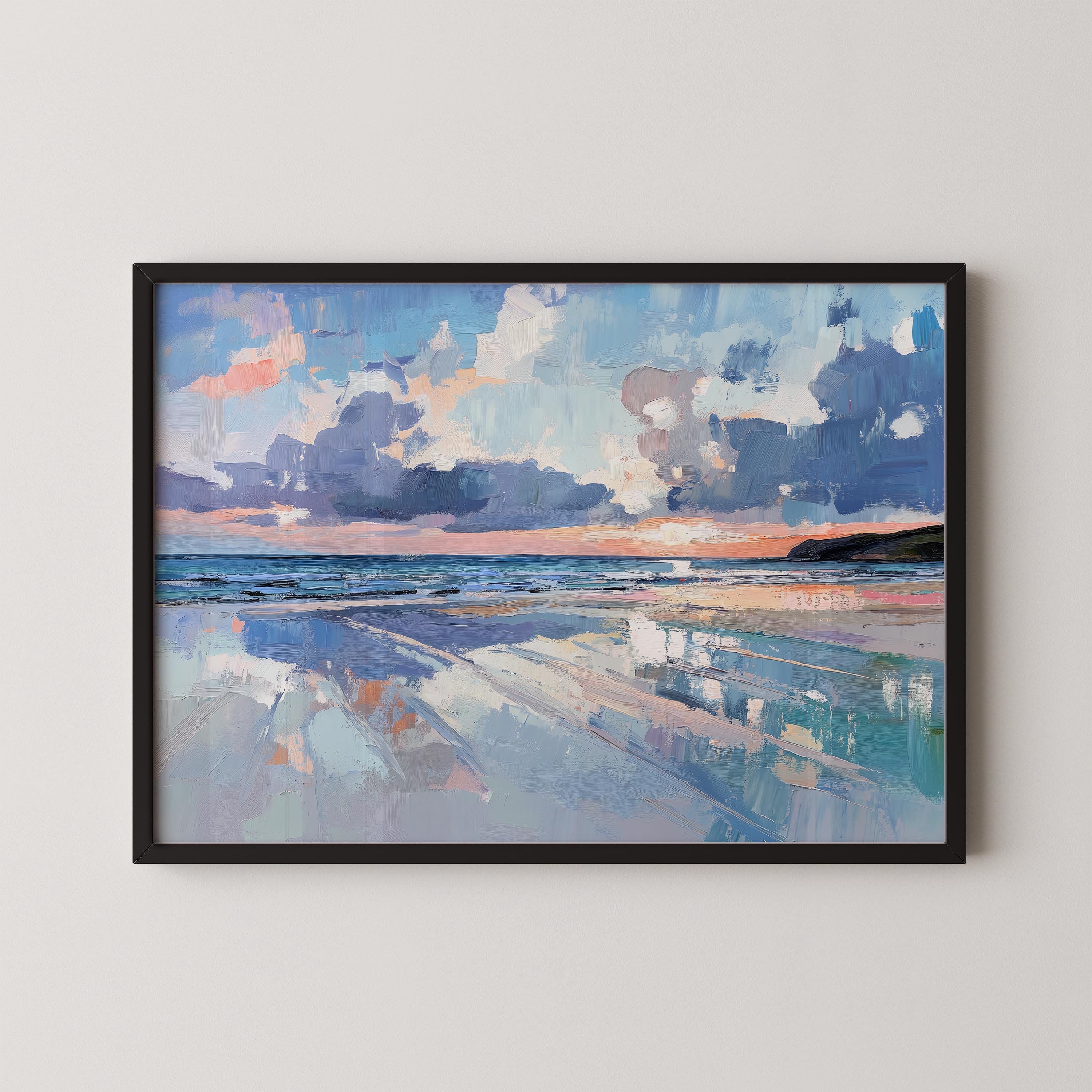 The image is a framed painting depicting a serene beach scene with a calm ocean and a cloudy sky.