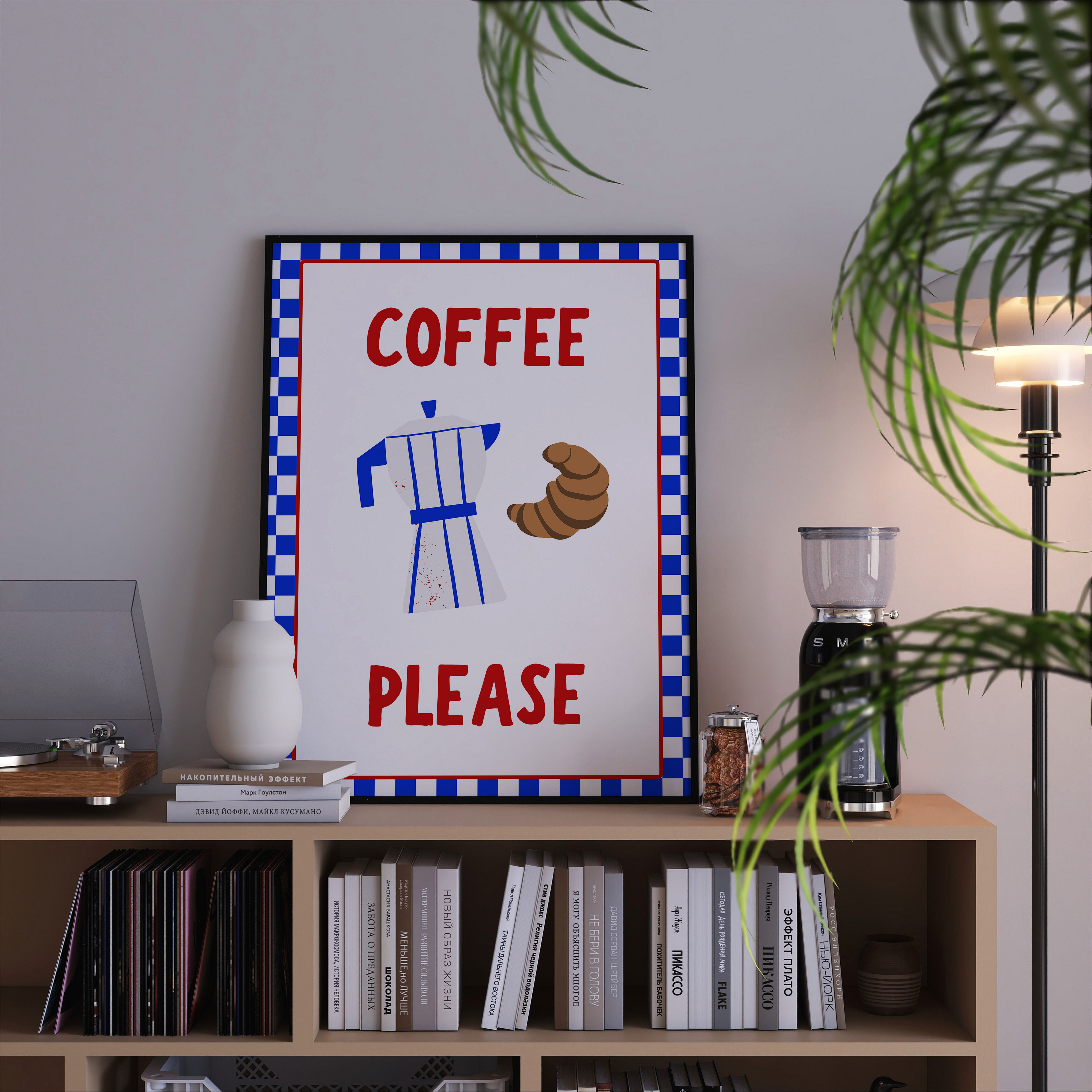 a bookshelf with a framed poster that reads "COFFEE PLEASE" in bold red and white letters. The poster also includes an illustration of a coffee cup and a croissant. The bookshelf is filled with various books, and there is a lamp and a vase on the shelf as well.