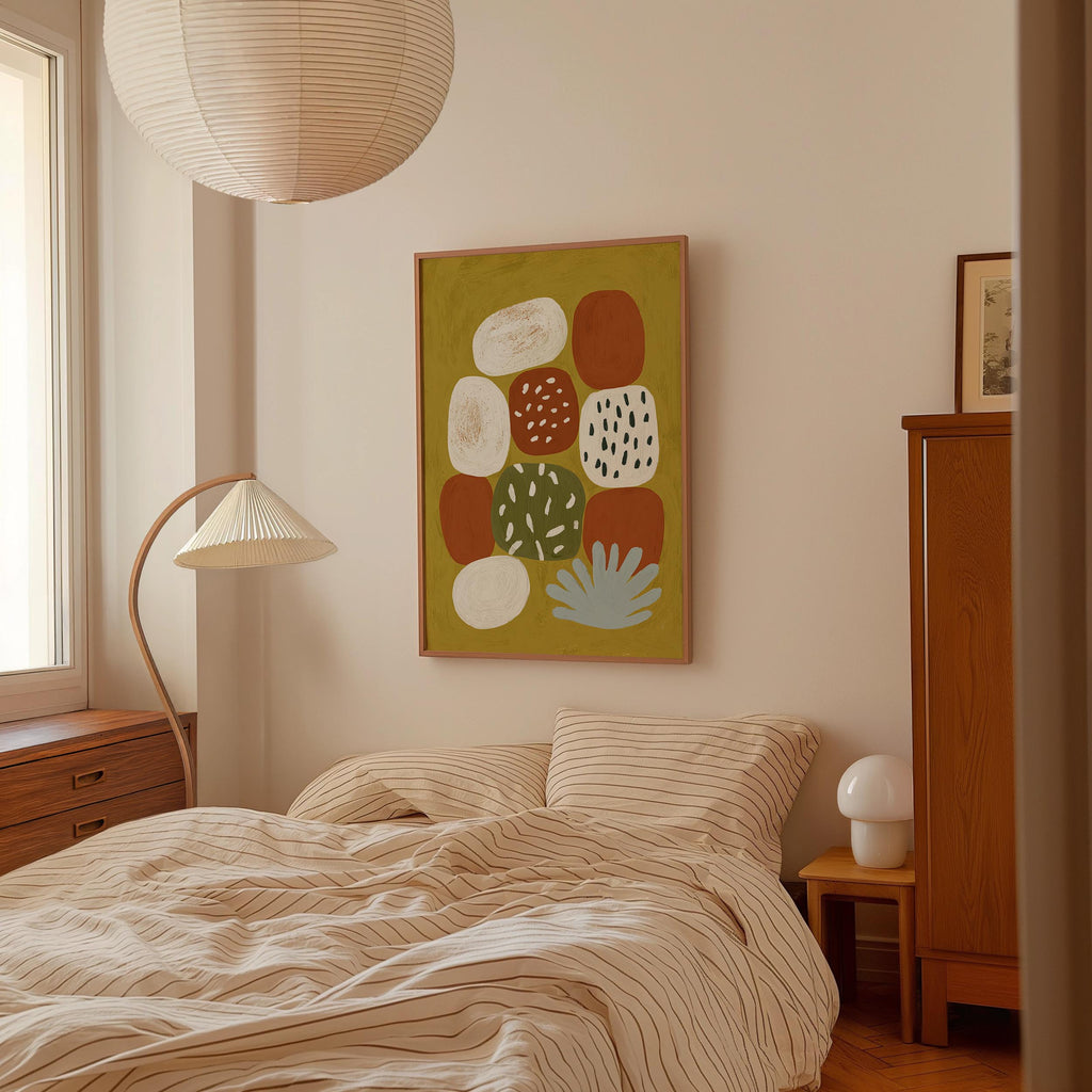 a cozy bedroom with a large bed, a wooden dresser, and a lamp. The room has a minimalist and modern design, with a large abstract painting hanging on the wall above the bed.