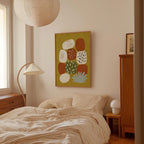 a cozy bedroom with a large bed, a wooden dresser, and a lamp. The room has a minimalist and modern design, with a large abstract painting hanging on the wall above the bed.