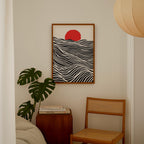a minimalist interior design with a framed artwork of a zebra-like pattern on a white wall, a wooden chair, a stack of books, and a potted plant.