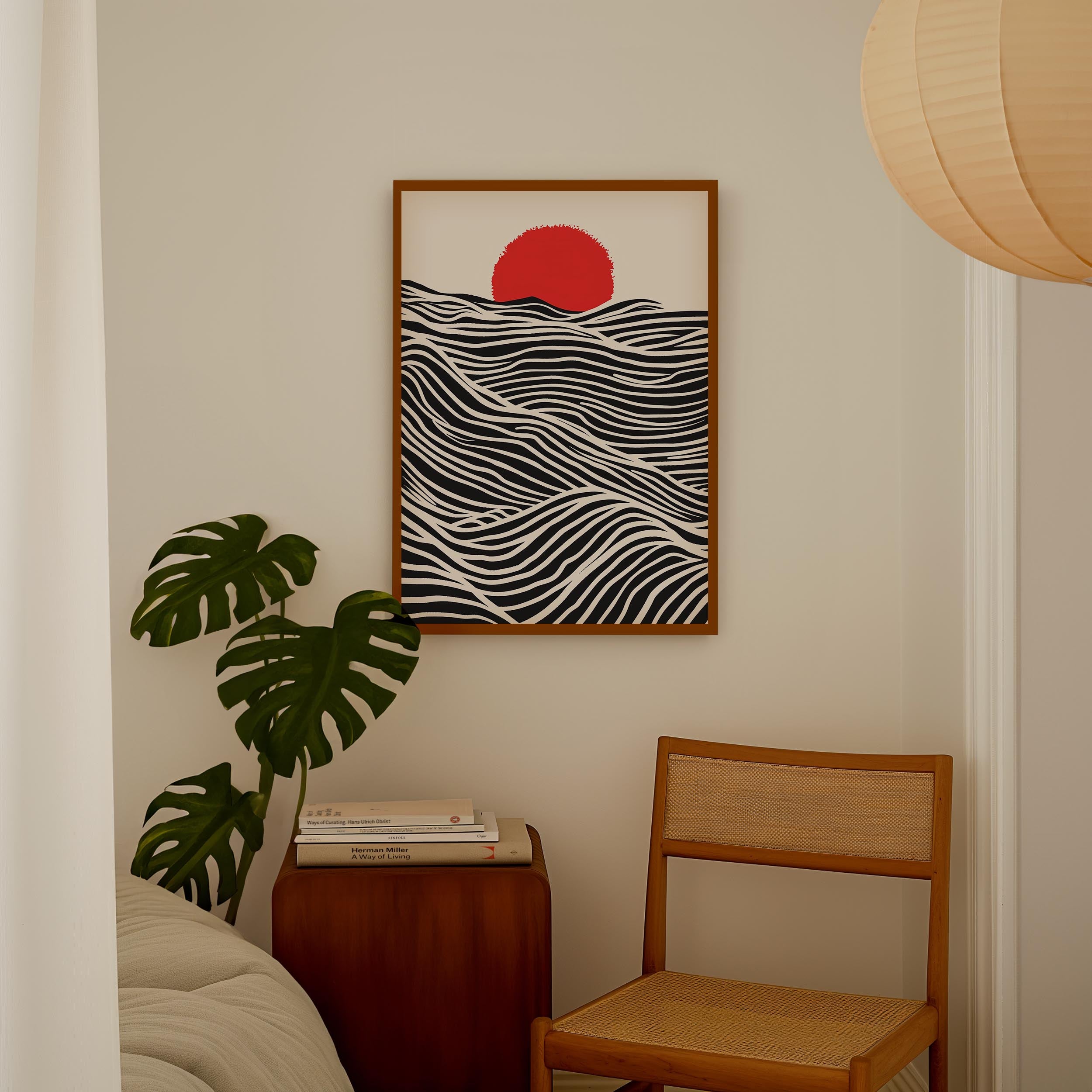 a minimalist interior design with a framed artwork of a zebra-like pattern on a white wall, a wooden chair, a stack of books, and a potted plant.