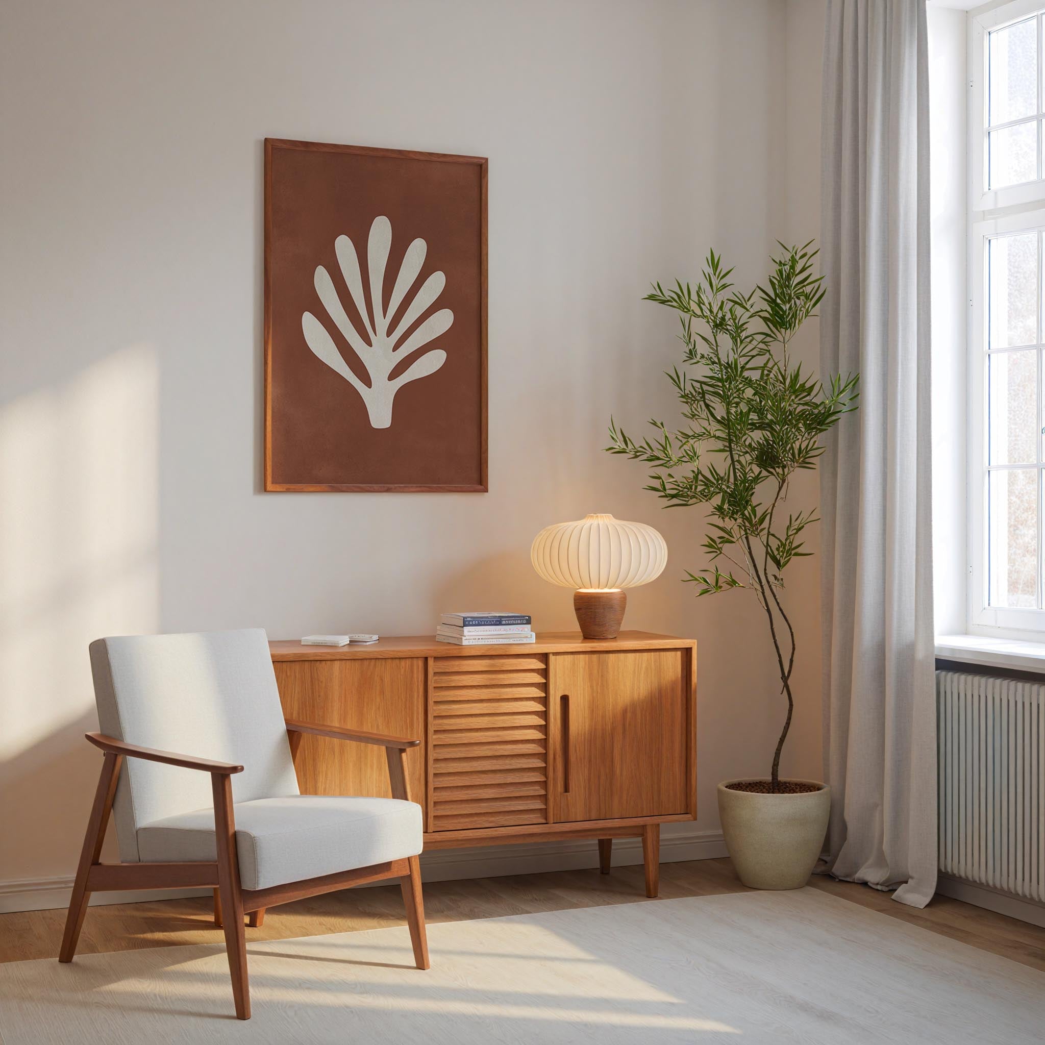 a cozy living room with a white armchair, a wooden sideboard, a lamp, and a potted plant. The room has a minimalist and modern design, with a large window providing natural light.