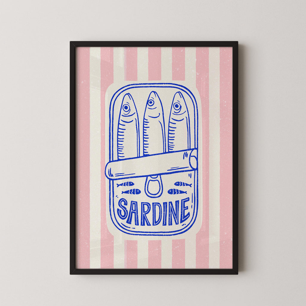 a framed illustration of a can of sardine with the word "Sardine" written on it.