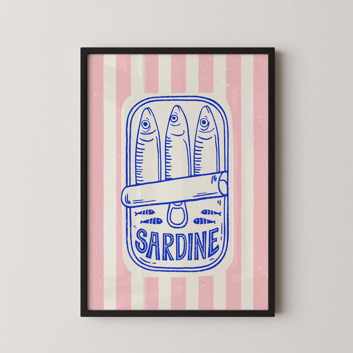 a framed illustration of a can of sardine with the word "Sardine" written on it.