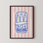 a framed illustration of a can of sardine with the word "Sardine" written on it.