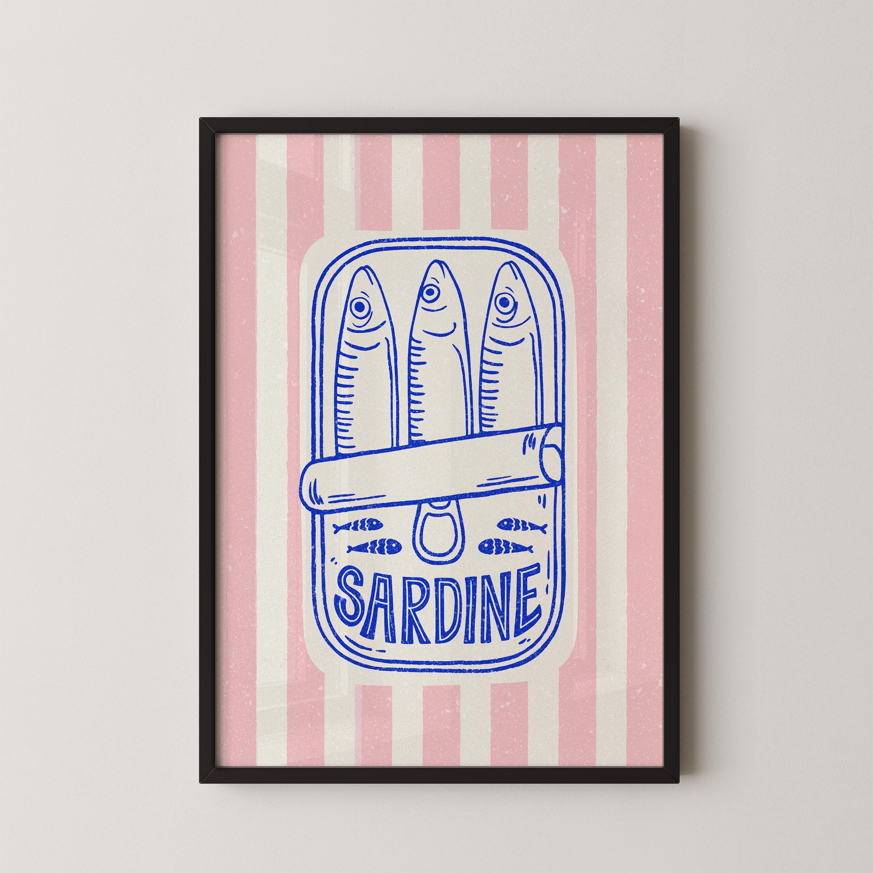 a framed illustration of a can of sardine with the word "Sardine" written on it.