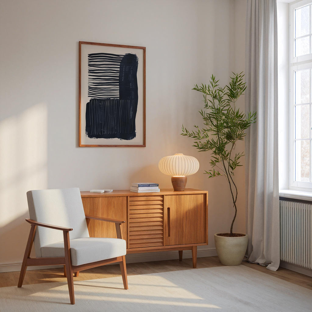 a cozy corner of a room with a white armchair, a wooden sideboard, a framed abstract artwork, and a potted plant.