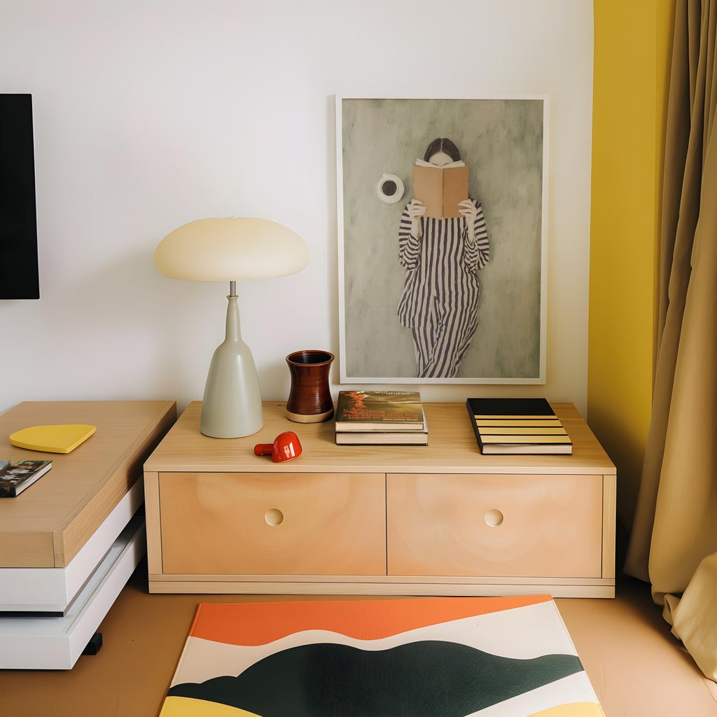 a cozy corner of a room with a wooden dresser, a lamp, and a framed artwork of a woman reading a book. The dresser has two drawers and a small table with a lamp and a red object on it. The artwork is hanging on the wall above the dresser.