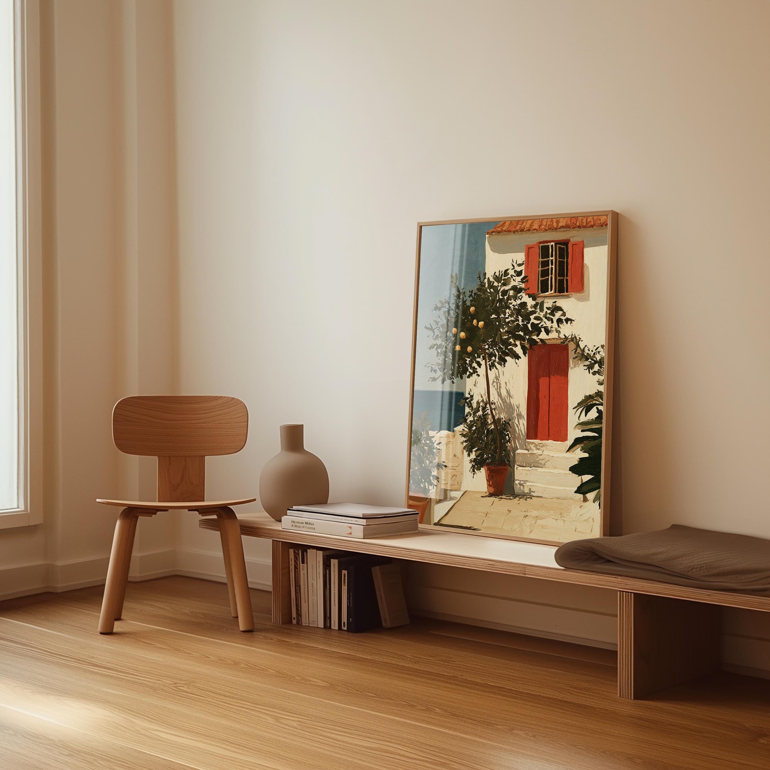 a wooden chair, a wooden bench, a vase, and a framed painting of a house with a tree and a red door.