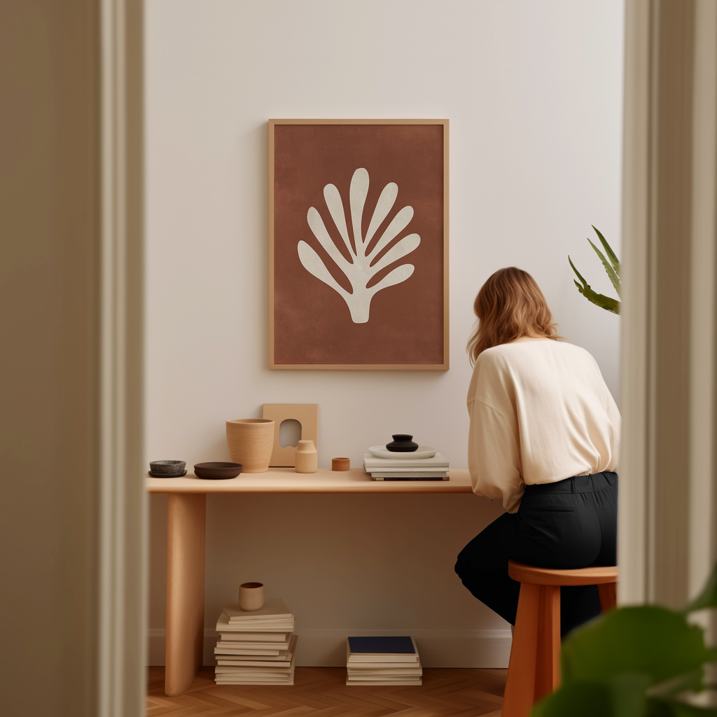 A woman is sitting at a wooden desk, surrounded by various objects, including a framed plant-like artwork, books, and a stack of books.
