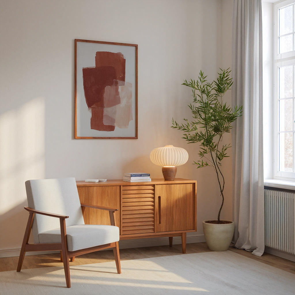 a cozy corner of a room with a white armchair, a wooden sideboard, a lamp, and a potted plant. The room has a minimalist and modern design, with a large window allowing natural light to fill the space.