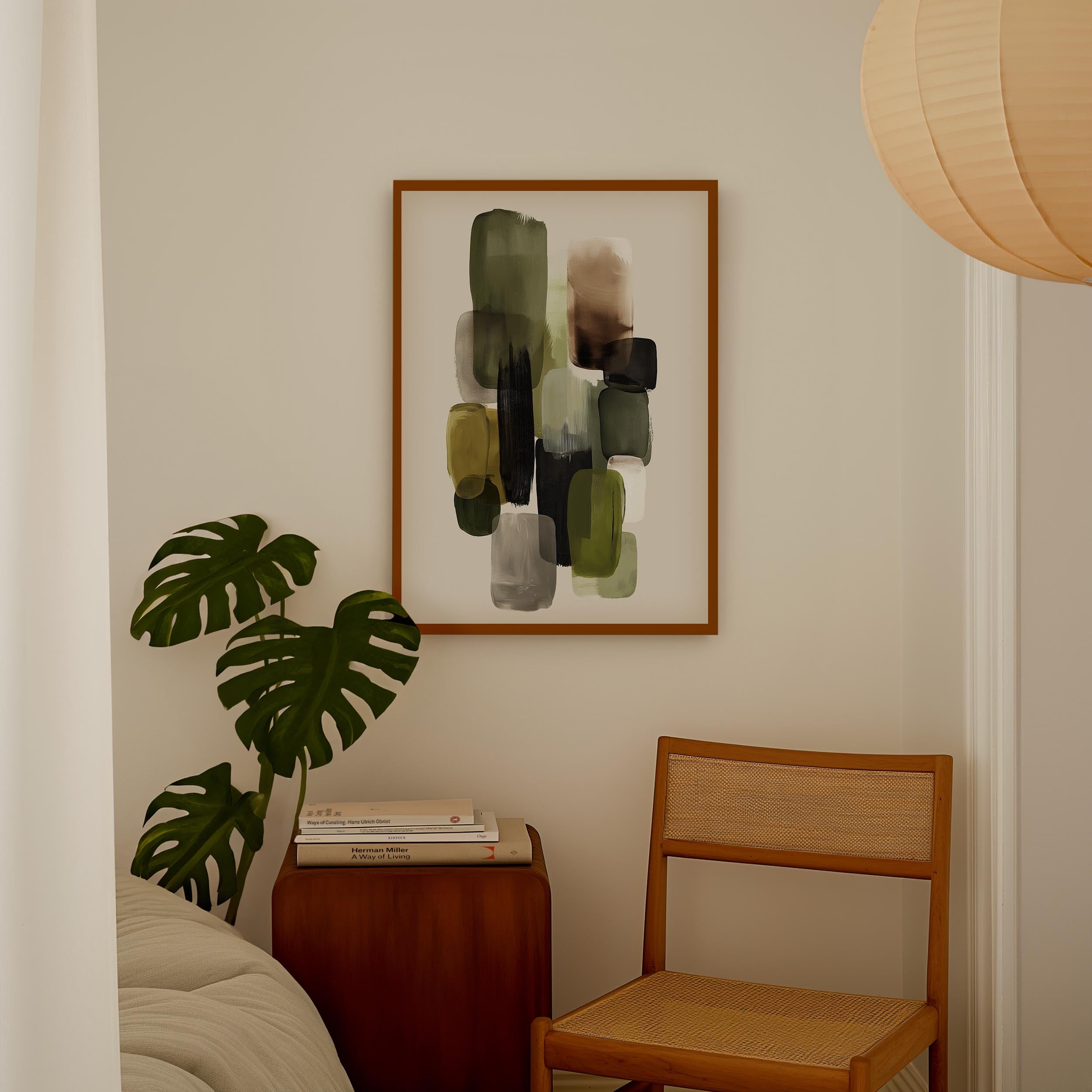 a cozy corner of a room with a wooden chair, a wooden side table, and a framed abstract painting hanging on the wall.