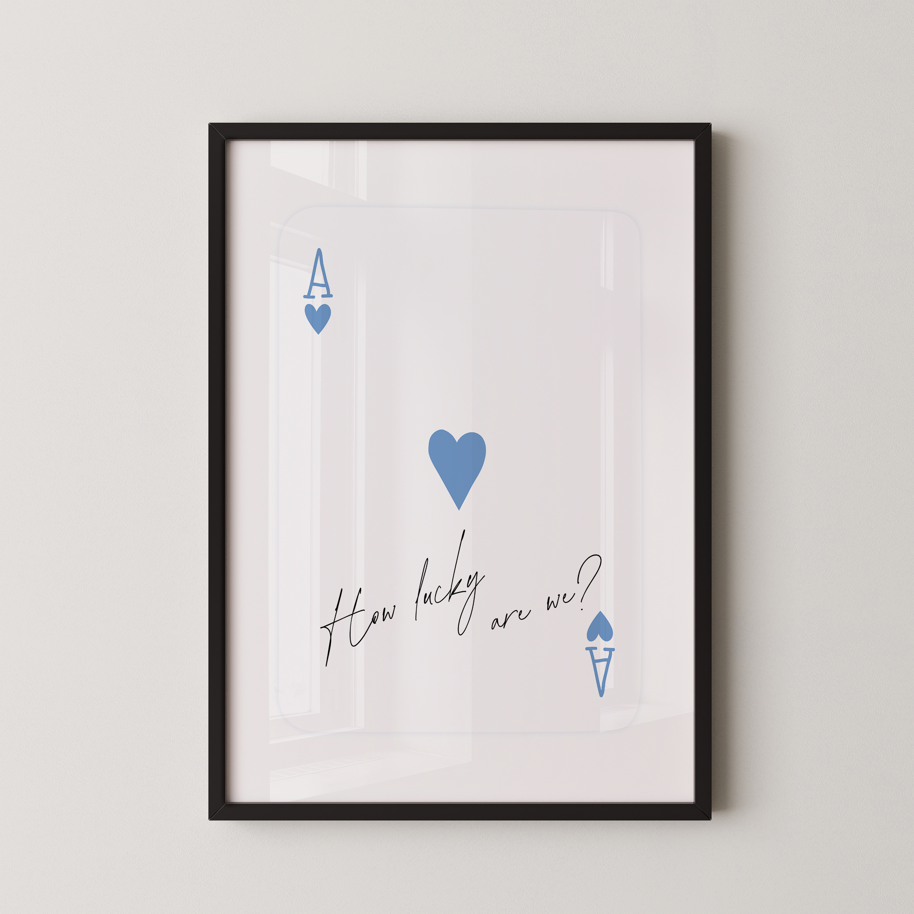 The image is a framed print with a white background and a black border. It features a blue heart symbol and the text "How lucky are we?" written in a cursive font.